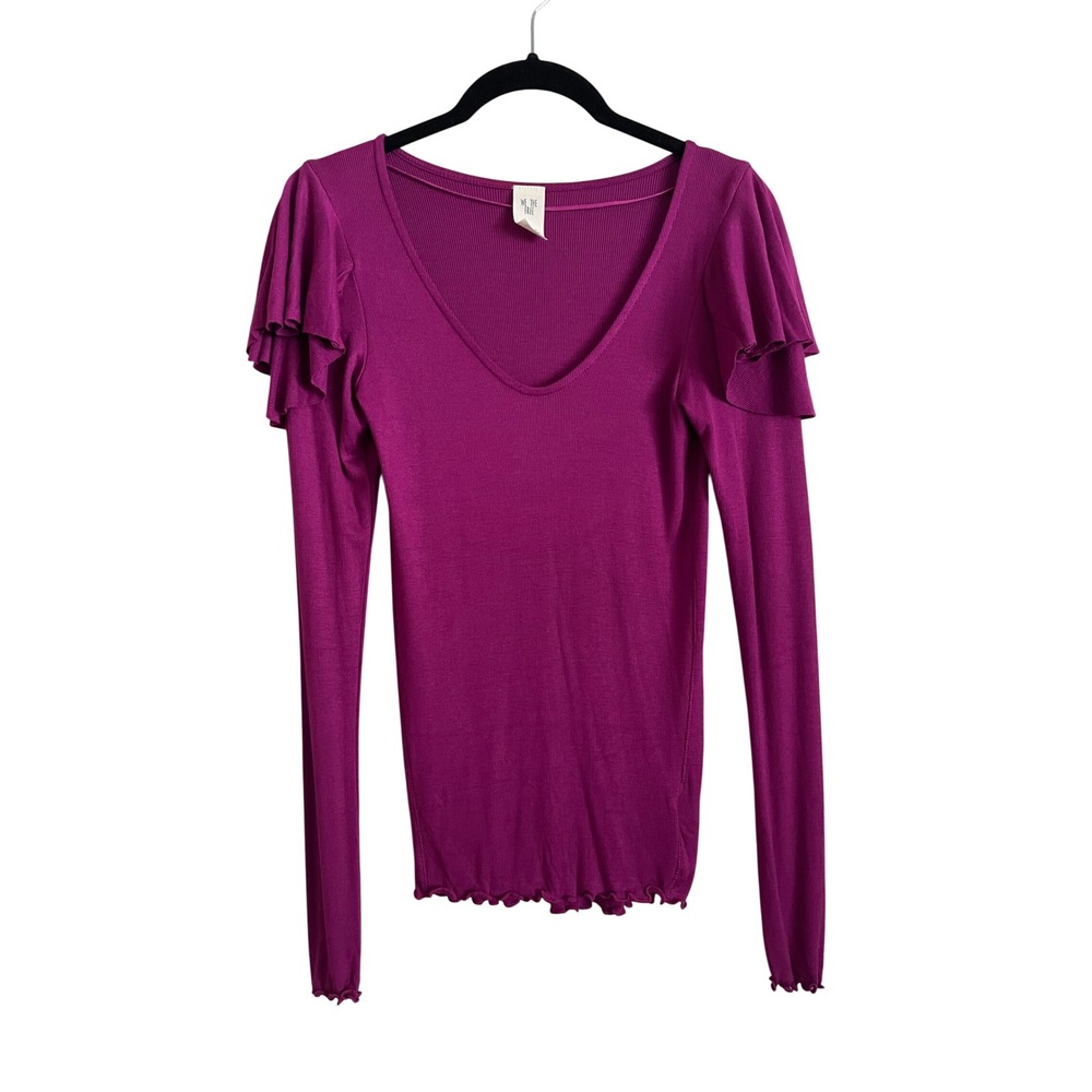 We The Free People On Rewind Soft Ruffle Magenta Ribbed Top XS Purple Stretch